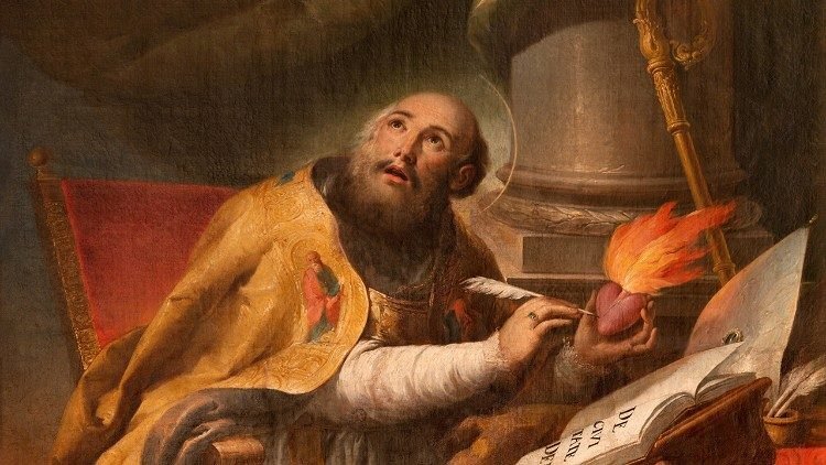 St. Augustine of Hippo wrote his Confession at the end of the 4th century (VALENCIA, SPAIN - FEBRUAR 14, 2022: The baroque painting of St. Augustine in the Cathedral after original by Claudio Coello)