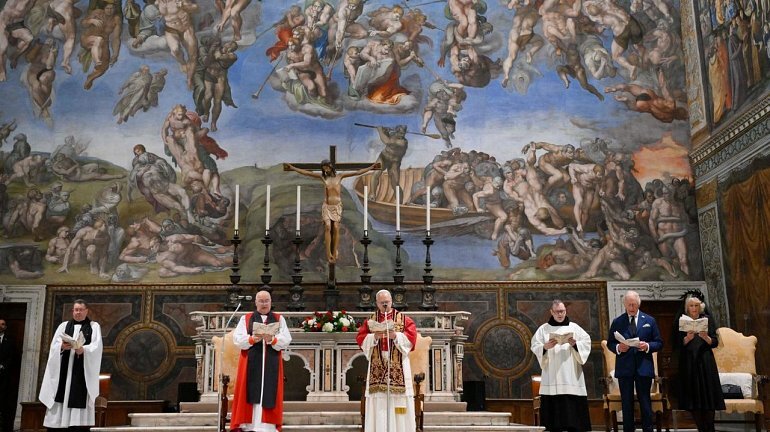 King Charles attends the ecumenical prayer service in the Sistine Chapel