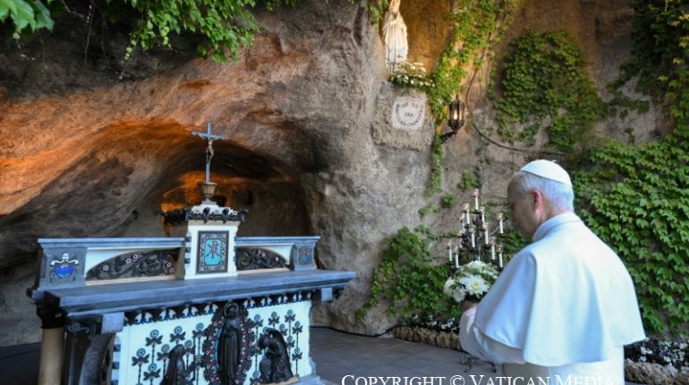 In the Vatican Gardens, Pope Leo XIV prayed for peace at the Grotto of Our Lady of Lourdes